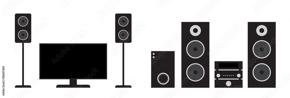 Flat black home cinema and stereo system set. Vector illustration of tv, receiver, subwoofer and speakers. - obrazy, fototapety, plakaty 