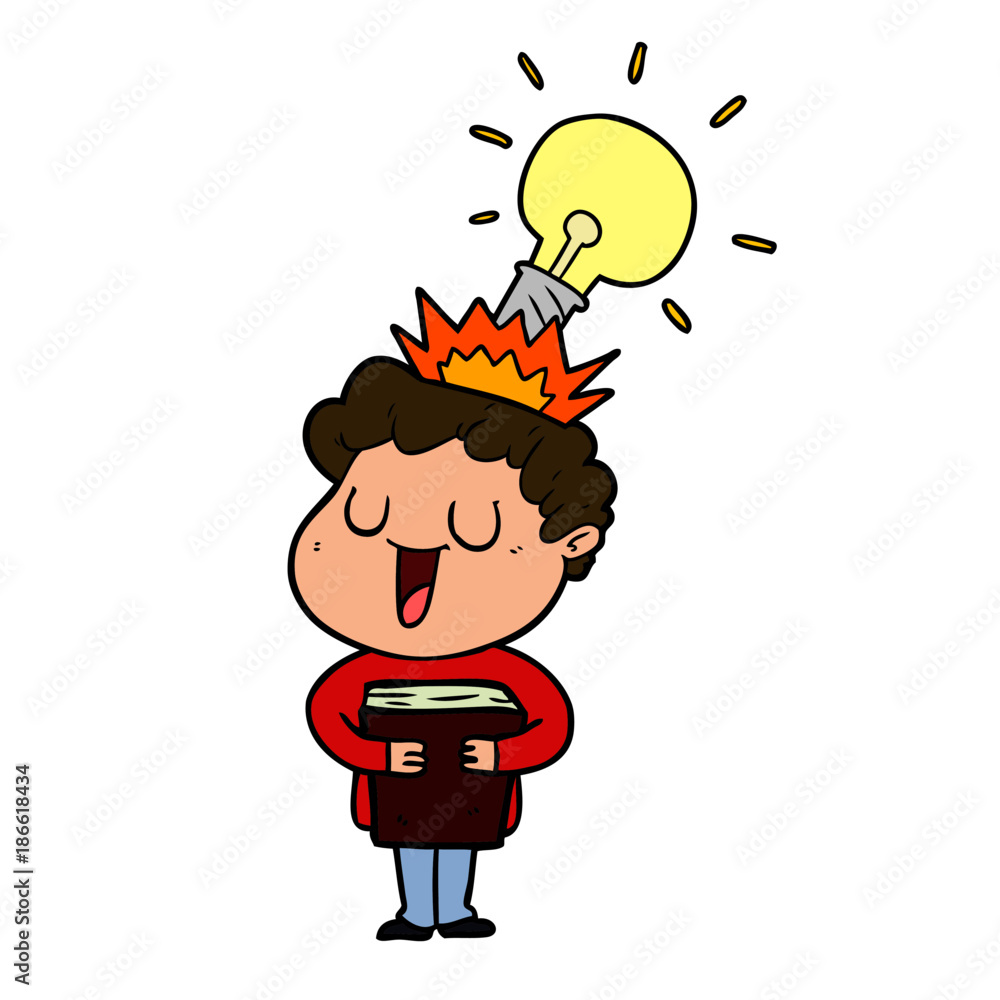 laughing cartoon man with book and idea laughing cartoon man with book and idea