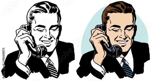 A businessman talking on a vintage telephone.