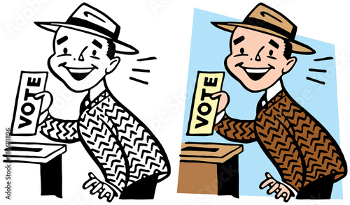 A man casting a vote by putting his ballot in a box.