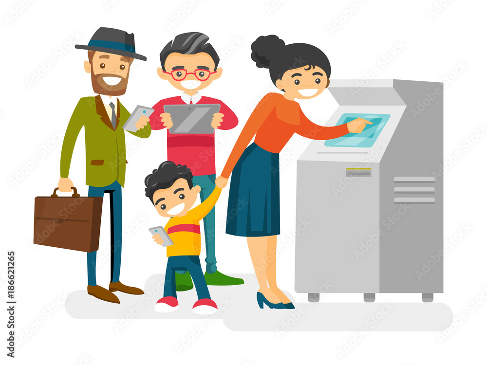Group of Caucasian white young people standing in a queue to the ATM. Happy people using gadgets in a queue to the ATM. Vector cartoon illustration isolated on white background. Group of Caucasian white young people standing in a queue to the ATM. Happy people using gadgets in a queue to the ATM. Vector cartoon illustration isolated on white background.