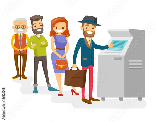 Group of Caucasian white young and senior people standing in a queue to the ATM. Happy people queuing to withdraw cash at ATM. Vector cartoon illustration isolated on white background.