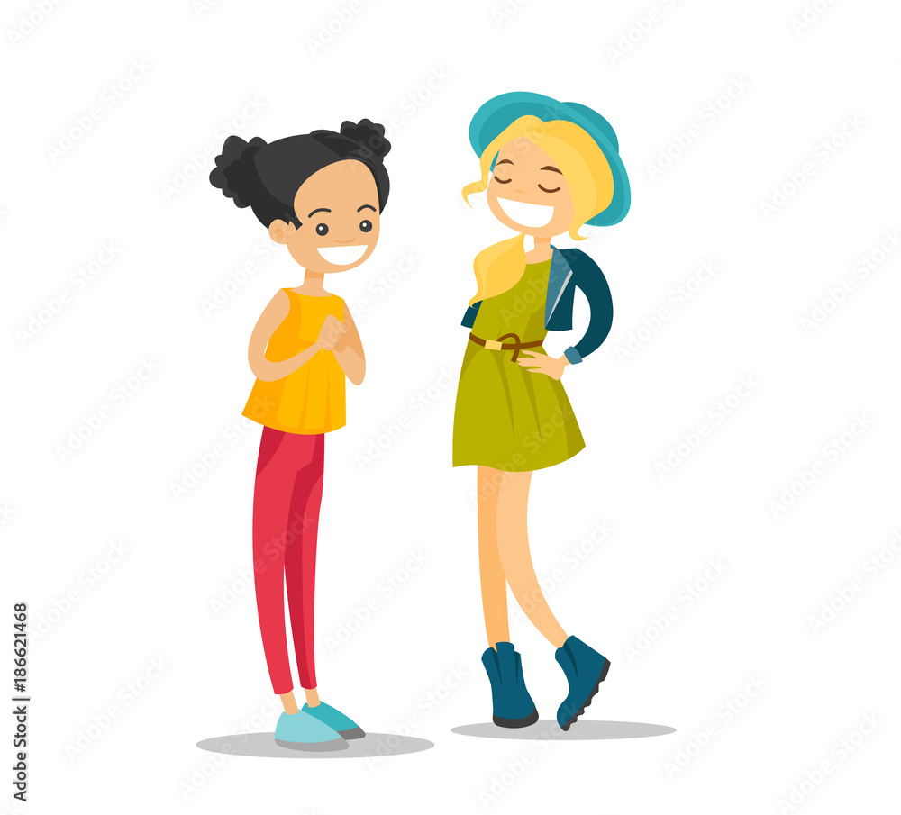 Two young Caucasian white female friends talking and laughing. Cheerful girl  sharing the news with her best friend. Smiling teenage girls having a  conversation. Vector isolated cartoon illustration. Stock Vector | Adobe