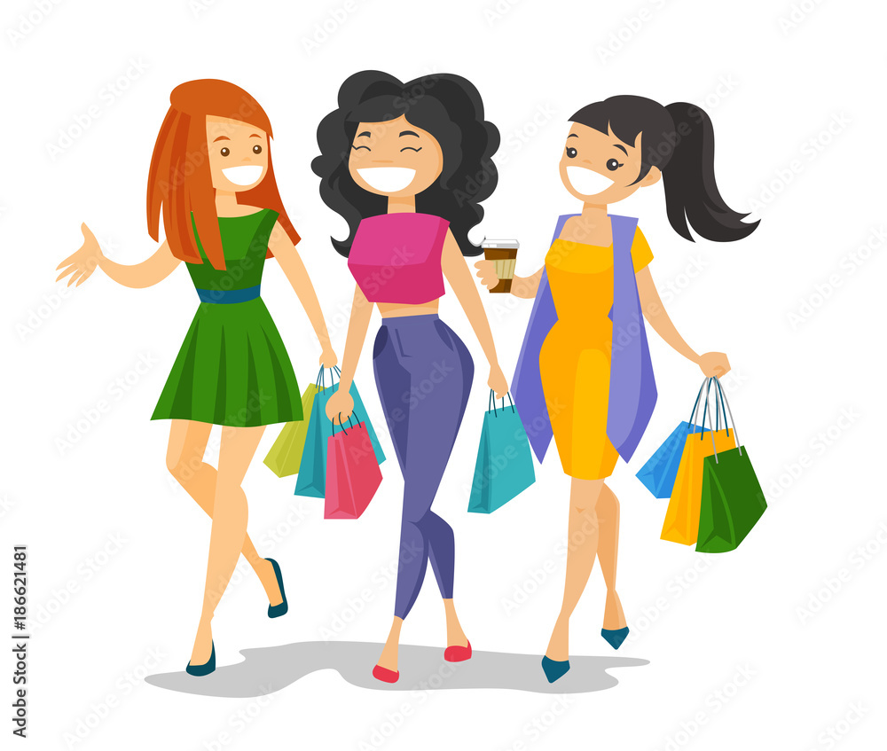 Three young happy Caucasian white friends shopping together. Cheerful  smiling women laughing and walking with shopping bags. Vector cartoon  illustration isolated on white background. Stock Vector | Adobe Stock