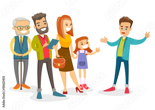 An organized group of caucasian white tourists sightseeing and listening to guide telling the history of the city. Tourists having excursion with guide. Vector isolated cartoon illustration.