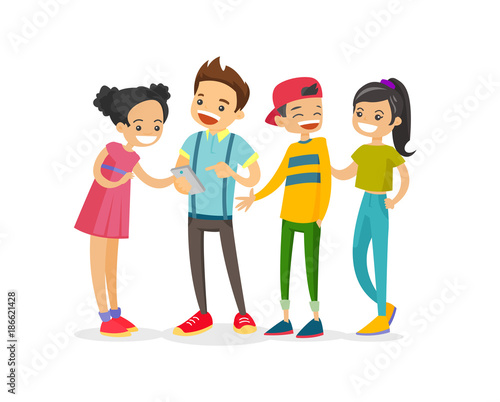 Caucasian white group of teenage friends looking at smartphone and laughing. Cheerful teenagers watching video on a smartphone. Friendship and technology concept. Vector isolated cartoon illustration.