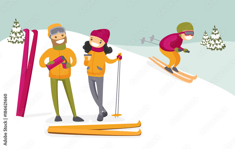 Caucasian white couple of skiers drinking hot coffee from thermos at ski resort. Young woman and man having break after skiing in the mountains. Family vacation concept. Vector cartoon illustration.