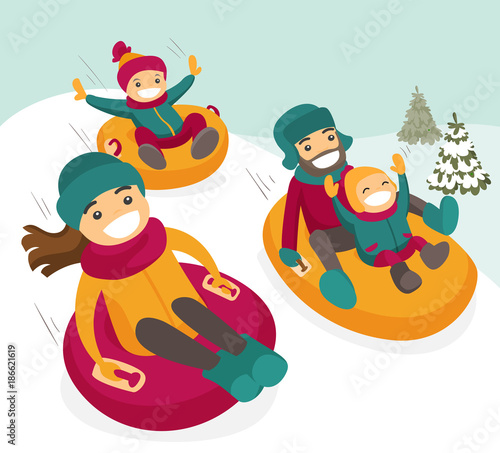 Young joyful caucasian white family sliding down the hill on tubes in the winter park. Cheerful laughing father and mother with kids enjoying a ride on inflatable sledges. Vector cartoon illustration.