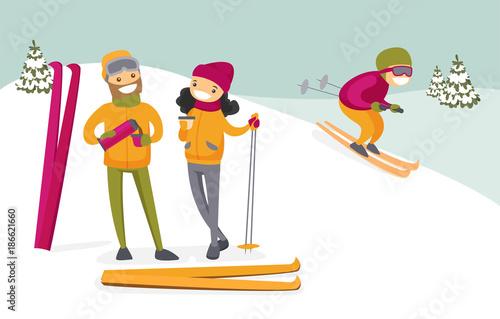 Caucasian white couple of skiers drinking hot coffee from thermos at ski resort. Young woman and man having break after skiing in the mountains. Family vacation concept. Vector cartoon illustration.