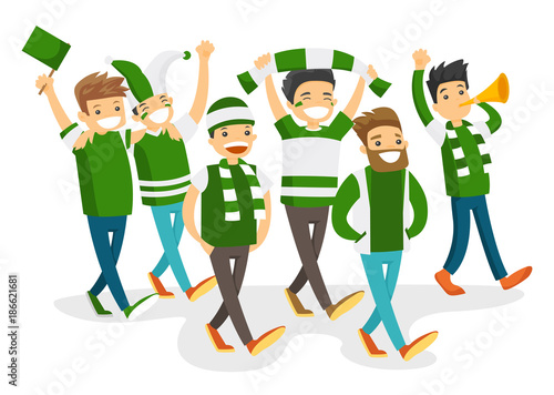 Group of caucasian white happy sport fans in green outfit cheering for their team. Football fans with flag and scarfs strolling. Vector cartoon illustration isolated on white background.