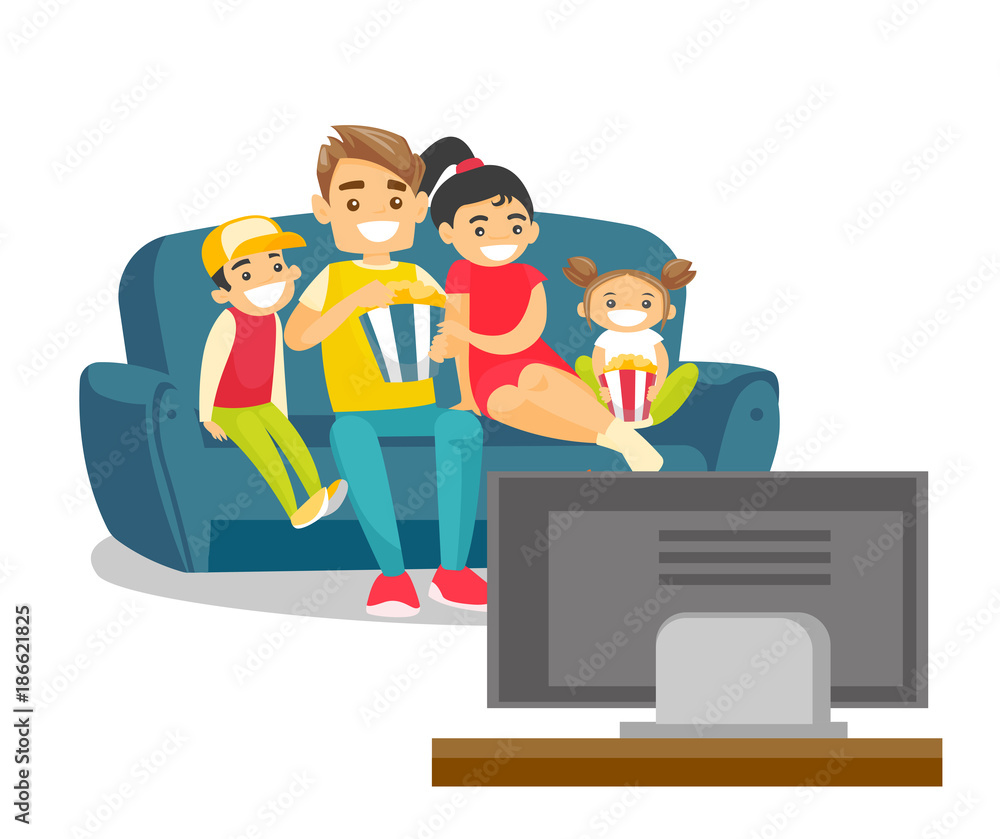 Happy caucasian white parents with their kids sitting on the couch, eating popcorn and watching television together at home. Vector cartoon illustration isolated on white background. Square layout.