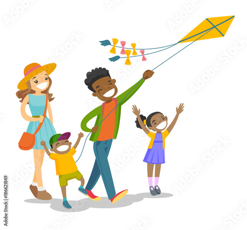 Happy multiethnic family with two biracial kids having fun while flying kite on family vacation. Young family playing with a kite. Vector cartoon illustration isolated on white background.