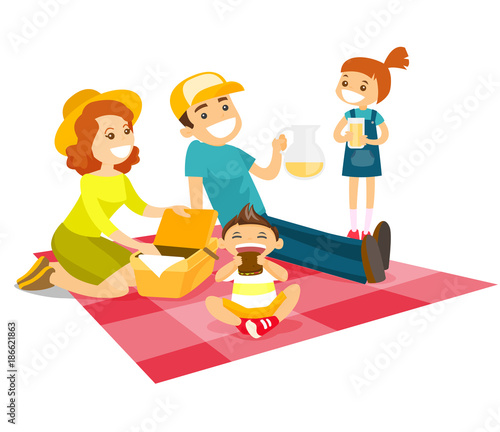 Young caucasian white family having a picnic in the park outdoors. Cheerful parents with their children sitting on the duvet during a picnic in the park. Vector cartoon illustration. Square layout.