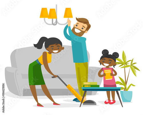Young multiracial family having fun while cleaning living room all together. Little biracial daughter helping her african mother and caucasian father to clean a house. Vector cartoon illustration.