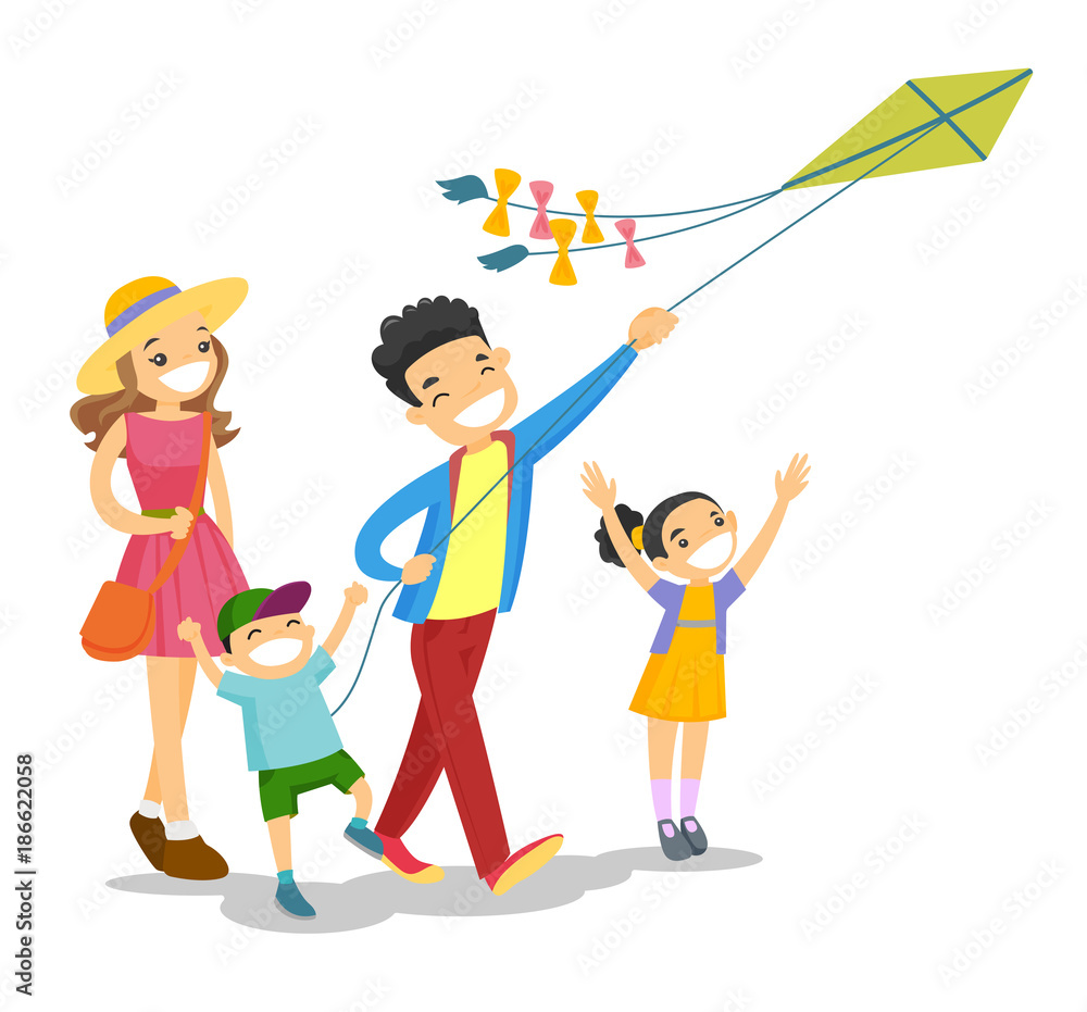 Happy caucasian white family with two kids having fun while flying kite on family vacation. Young family playing with a kite. Vector cartoon illustration isolated on white background. Happy caucasian white family with two kids having fun while flying kite on family vacation. Young family playing with a kite. Vector cartoon illustration isolated on white background.