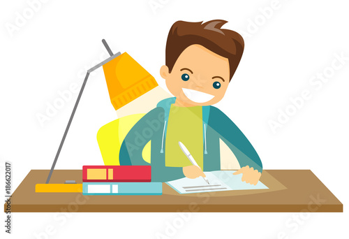 Young caucasian white schoolboy sitting at the table and doing homework at home. Boy writing in exercise book. Vector cartoon illustration isolated on white background. photo