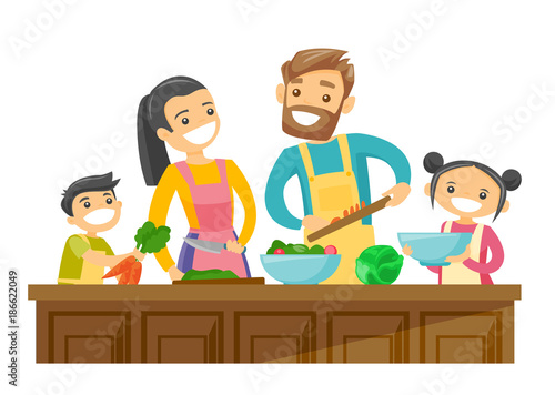 Young caucasian white parents with their son and daughter cooking together at home. Couple with kids having fun while preparing vegetable meal. Vector cartoon illustration isolated on white background