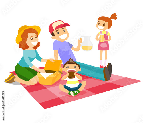 Young caucasian white family having a picnic in the park outdoors. Cheerful parents with their children sitting on the duvet during a picnic in the park. Vector cartoon illustration. Square layout.