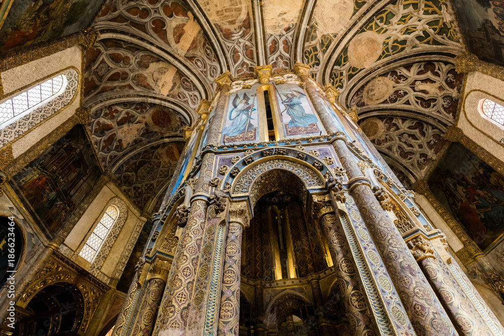 Interior of the Tomar's Knights Templar Round church decorated with late Gothic painting and sculpture. Interior of the Tomar's Knights Templar Round church decorated with late Gothic painting and sculpture.