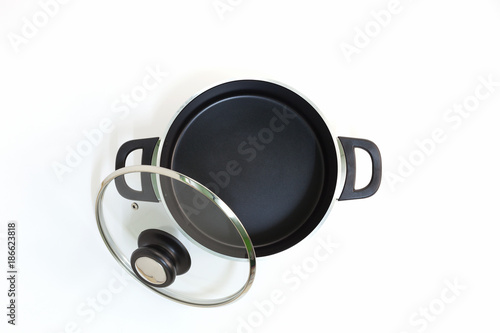 empty black kitchen cooking pot isolated on white background.