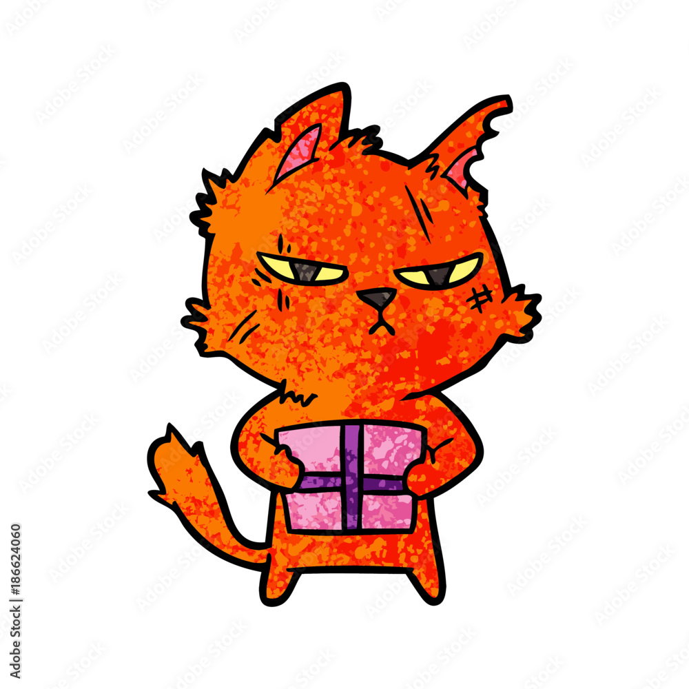 tough cartoon cat with christmas present tough cartoon cat with christmas present