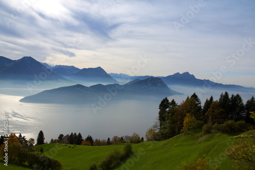 Panoramic landscape view meadow and fog over the Mount Rigi. The top of Rigi Kulm Switzerland