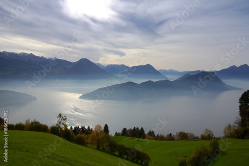 Panoramic landscape view meadow and fog over the Mount Rigi. The top of Rigi Kulm Switzerland