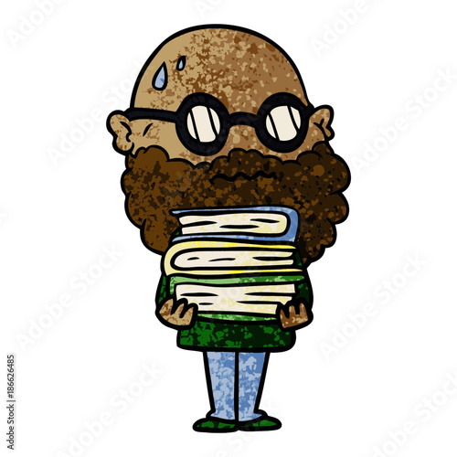 cartoon worried man with beard and stack of books