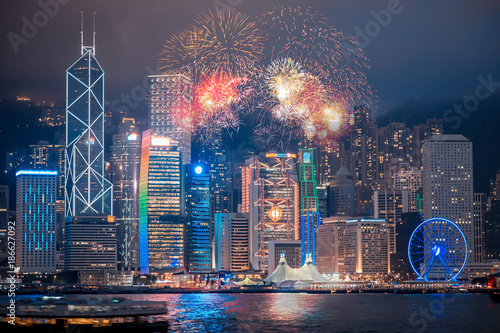 Photography Double exposure of fireworks and Hong Kong city