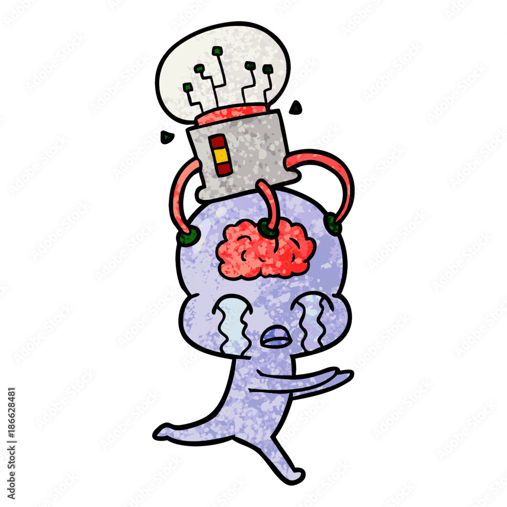 cartoon big brain alien crying with brain interface cartoon big brain alien crying with brain interface