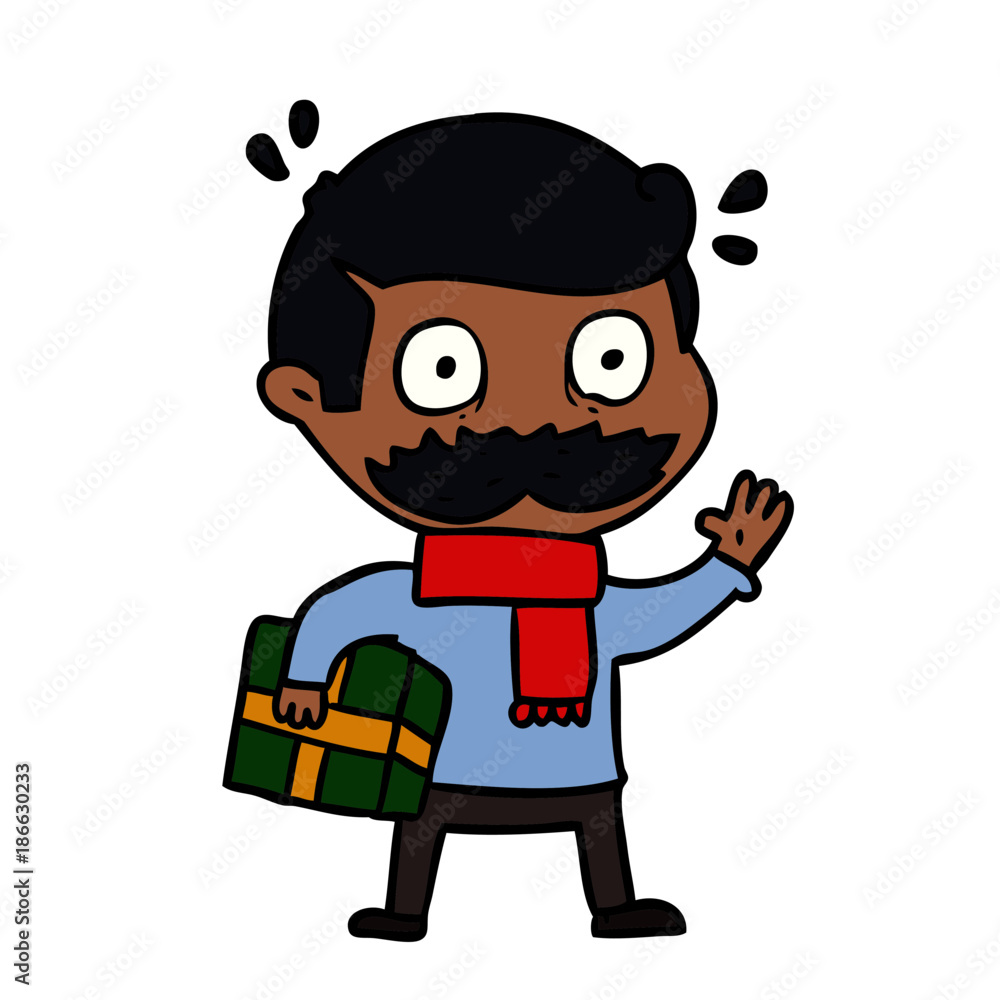 cartoon man with mustache and christmas present