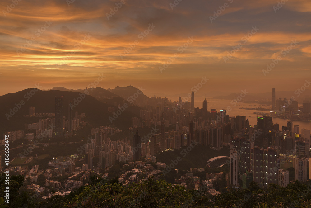 Skyline of Hong KOng city under sunset