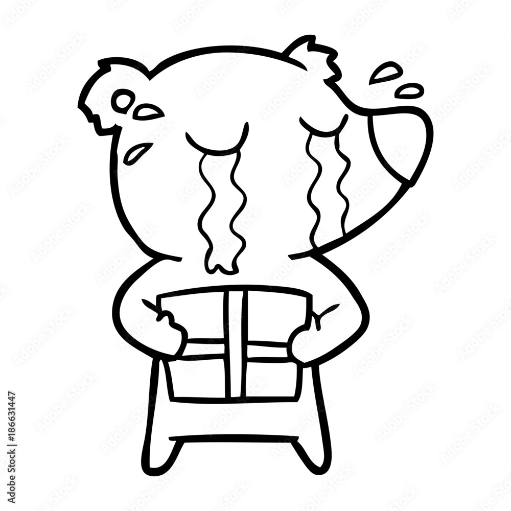 cartoon crying bear with present cartoon crying bear with present