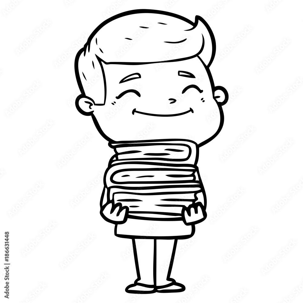 happy cartoon man with stack of books