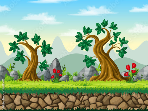 Seamless cartoon nature background. Vector illustration with separate layers.
