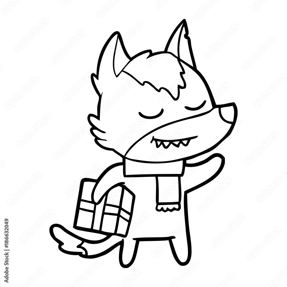 friendly cartoon wolf carrying christmas present friendly cartoon wolf carrying christmas present