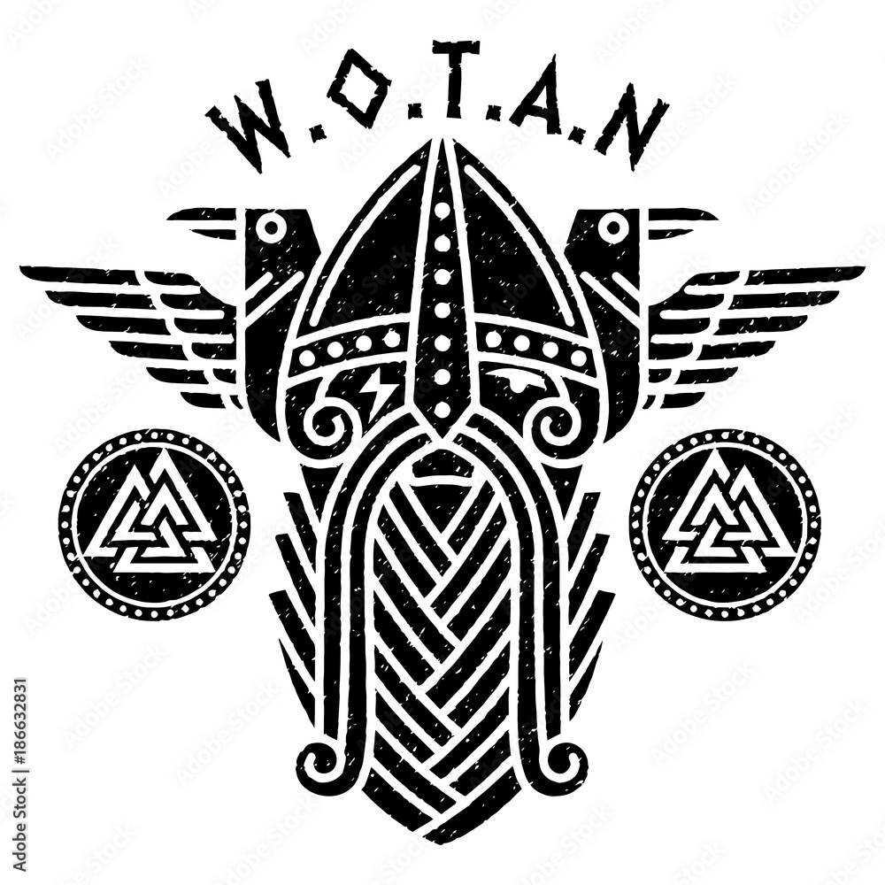 God Wotan and two ravens in a circle of Norse runes. Illustration of ...