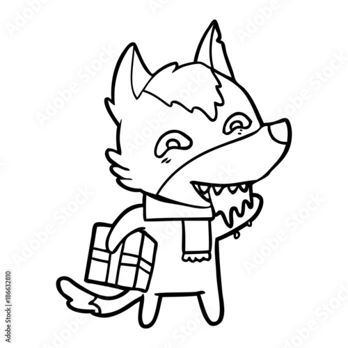 cartoon hungry wolf holding christmas present