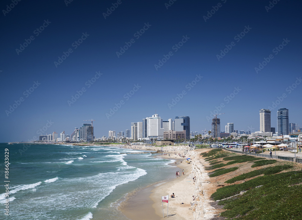 city beach and skyline view of tel aviv israel