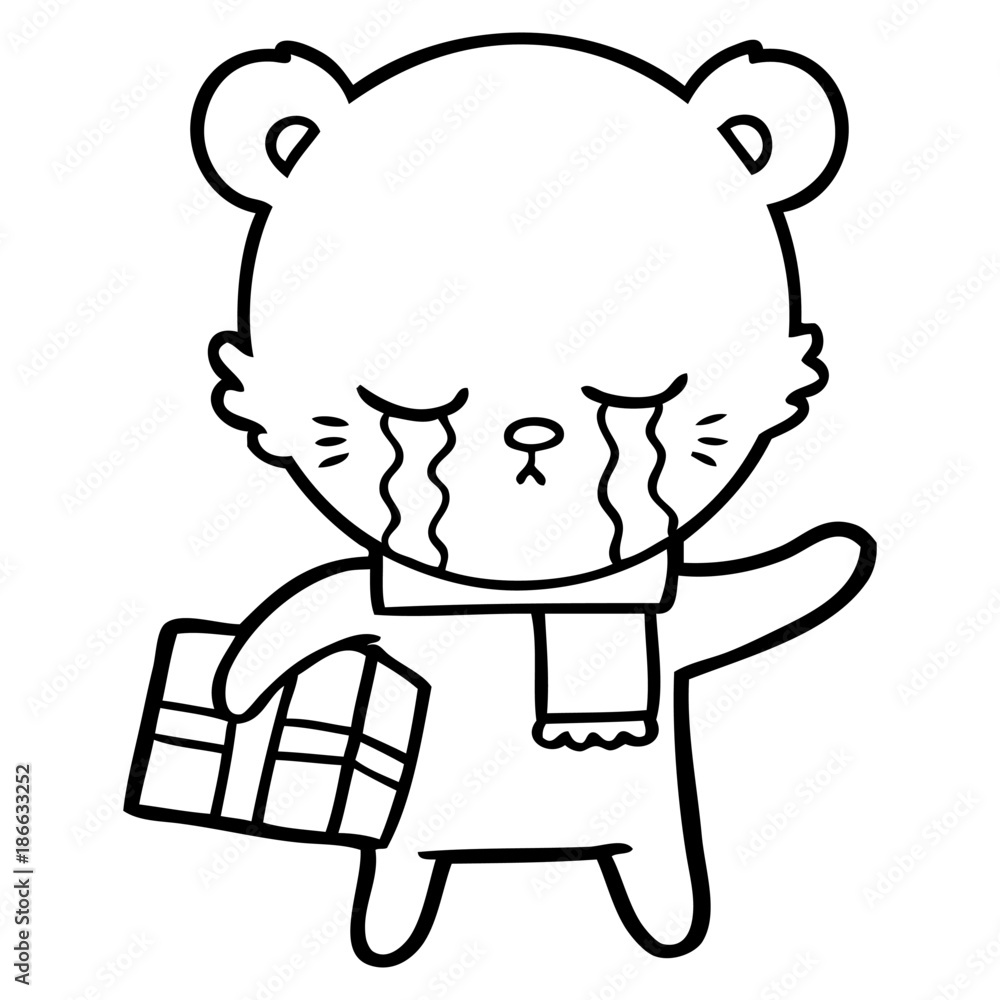 crying cartoon bear with present