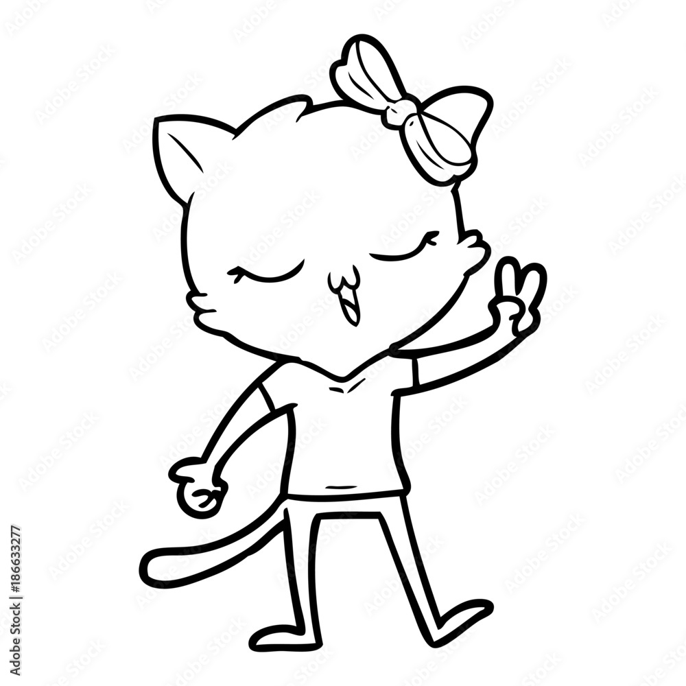 cartoon cat with bow on head giving peace sign cartoon cat with bow on head giving peace sign