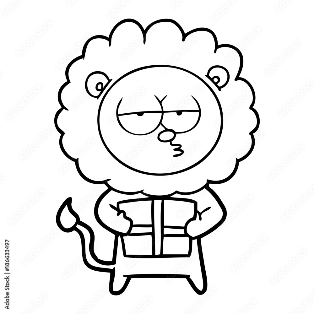 cartoon bored lion with present cartoon bored lion with present