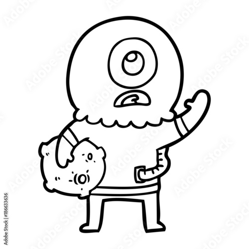 cartoon cyclops alien spaceman waving