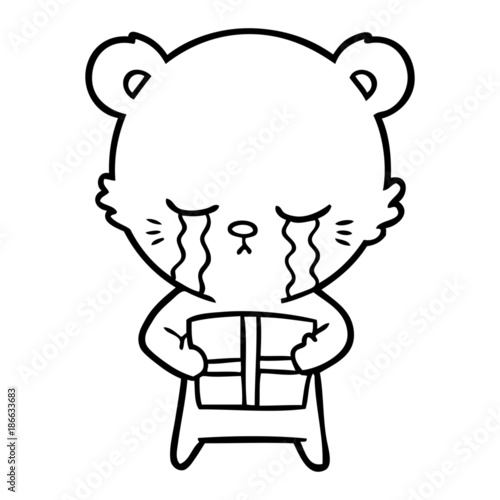 crying cartoon bear with present