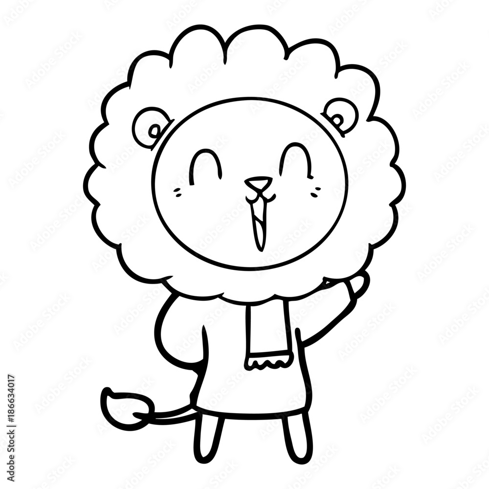laughing lion cartoon in winter clothes