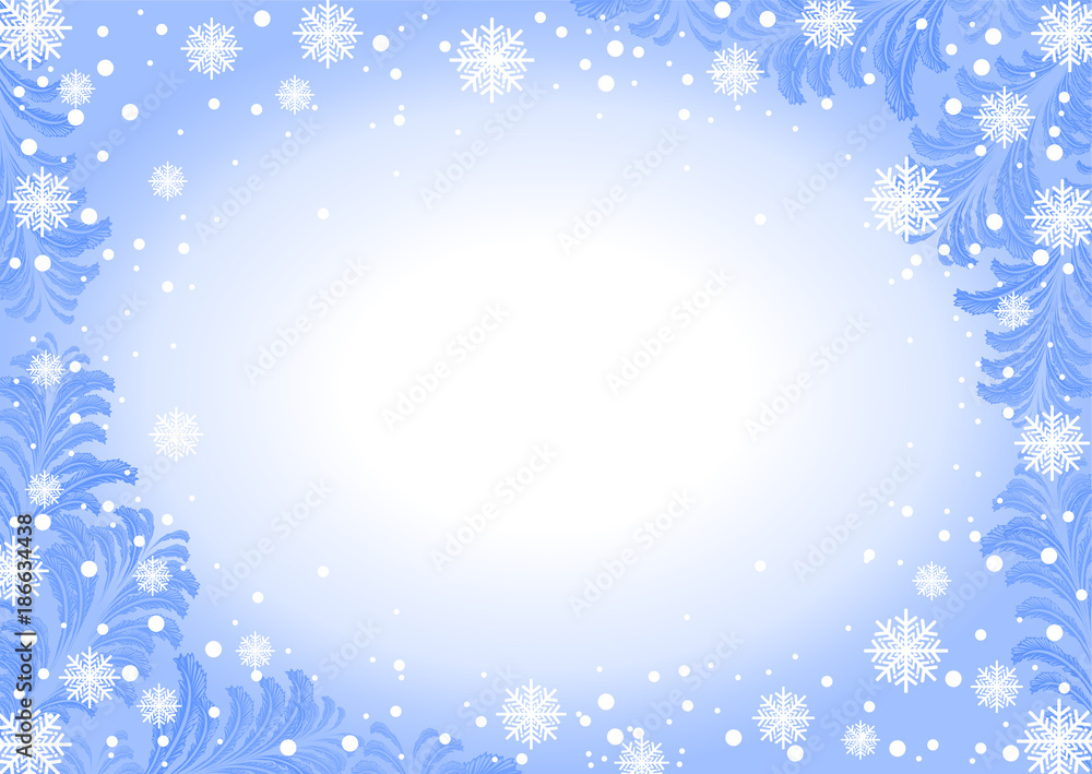 frosty background with ice patterns at the corners, snowflakes and snow frosty background with ice patterns at the corners, snowflakes and snow