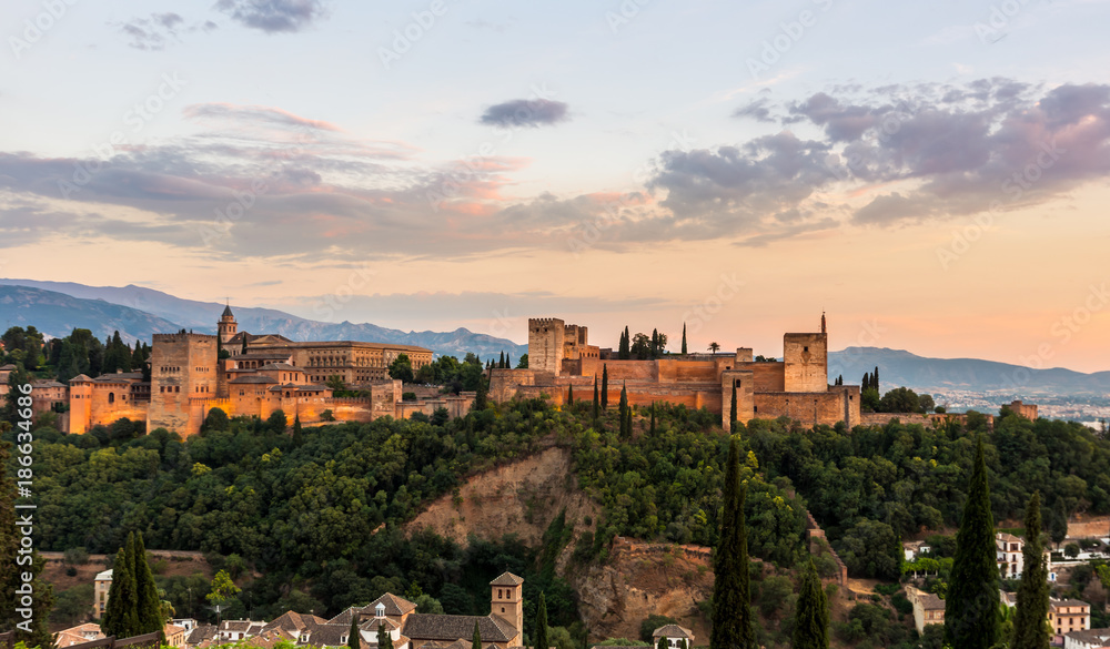 Alhambra of granada during sunset time,Spain