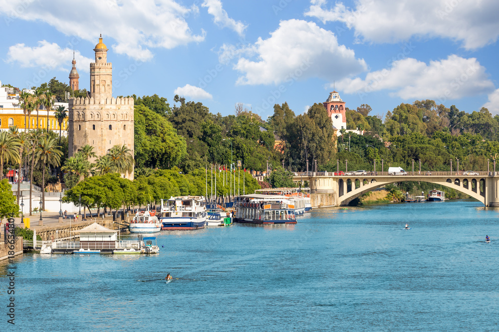 View of seville city and torre del oro at summer,Spain