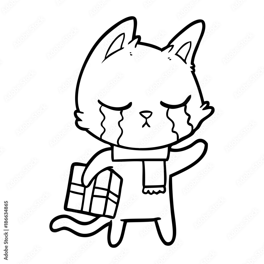 crying cartoon cat holding christmas present crying cartoon cat holding christmas present