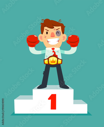 businessman in boxing gloves won the fight and wearing championship belt on podium